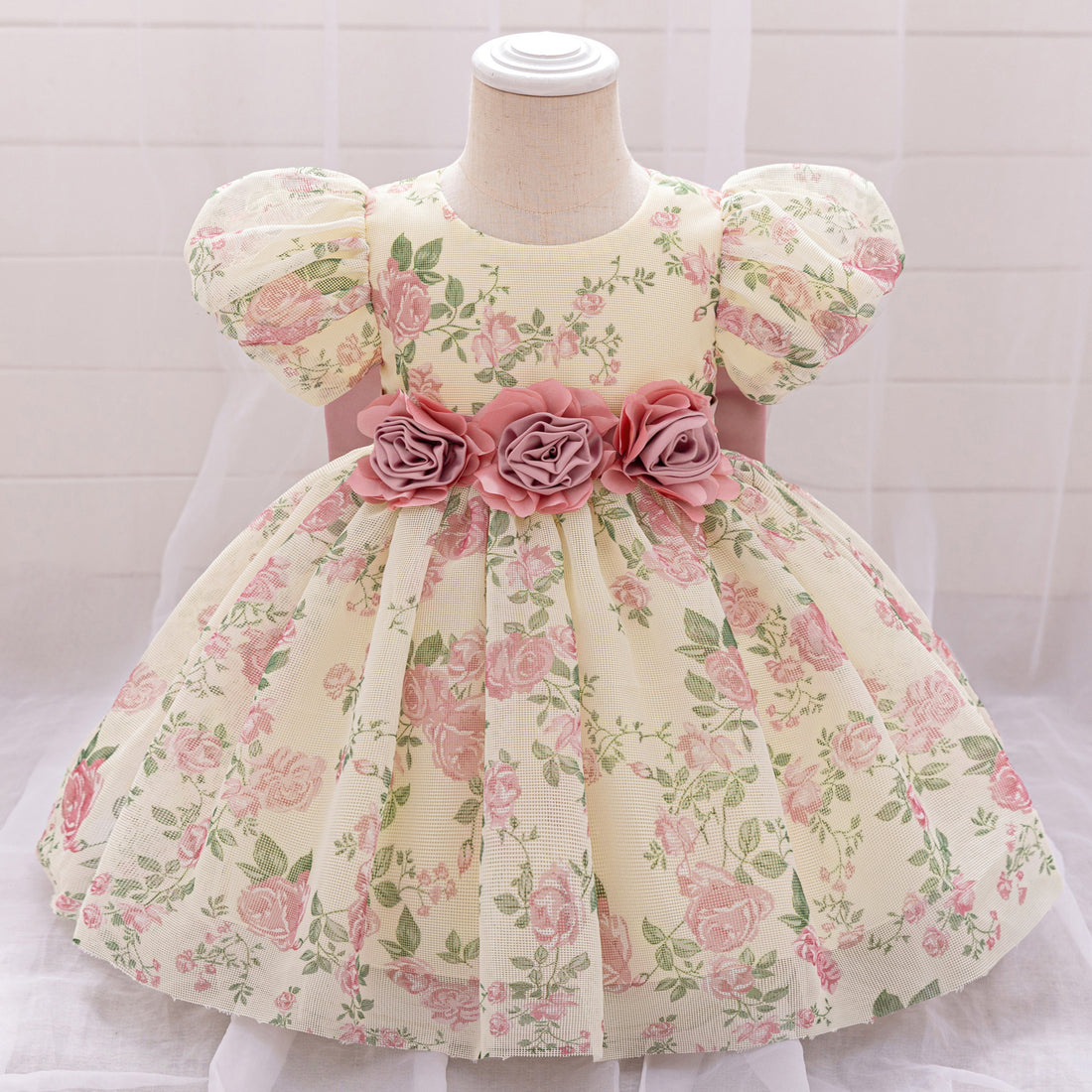 2025 cross-border new children's princess skirt floral skirt girls' dress one-year-old dress mesh three-dimensional applique dress
