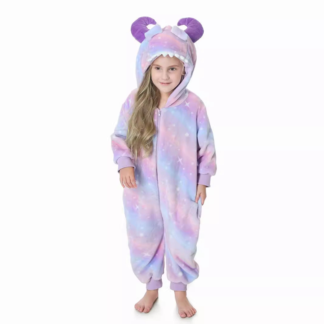 Autumn new children's cartoon styling clothes flannel single-layer cute rainbow monster styling onesie