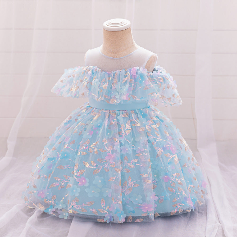 Summer new children's princess dress girls year-old dress one-word shoulder dress mesh applique dress