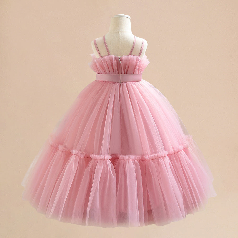 Amazon's new medium and small children's dress wedding season flower girl dress small flower pleated mesh fluffy princess dress