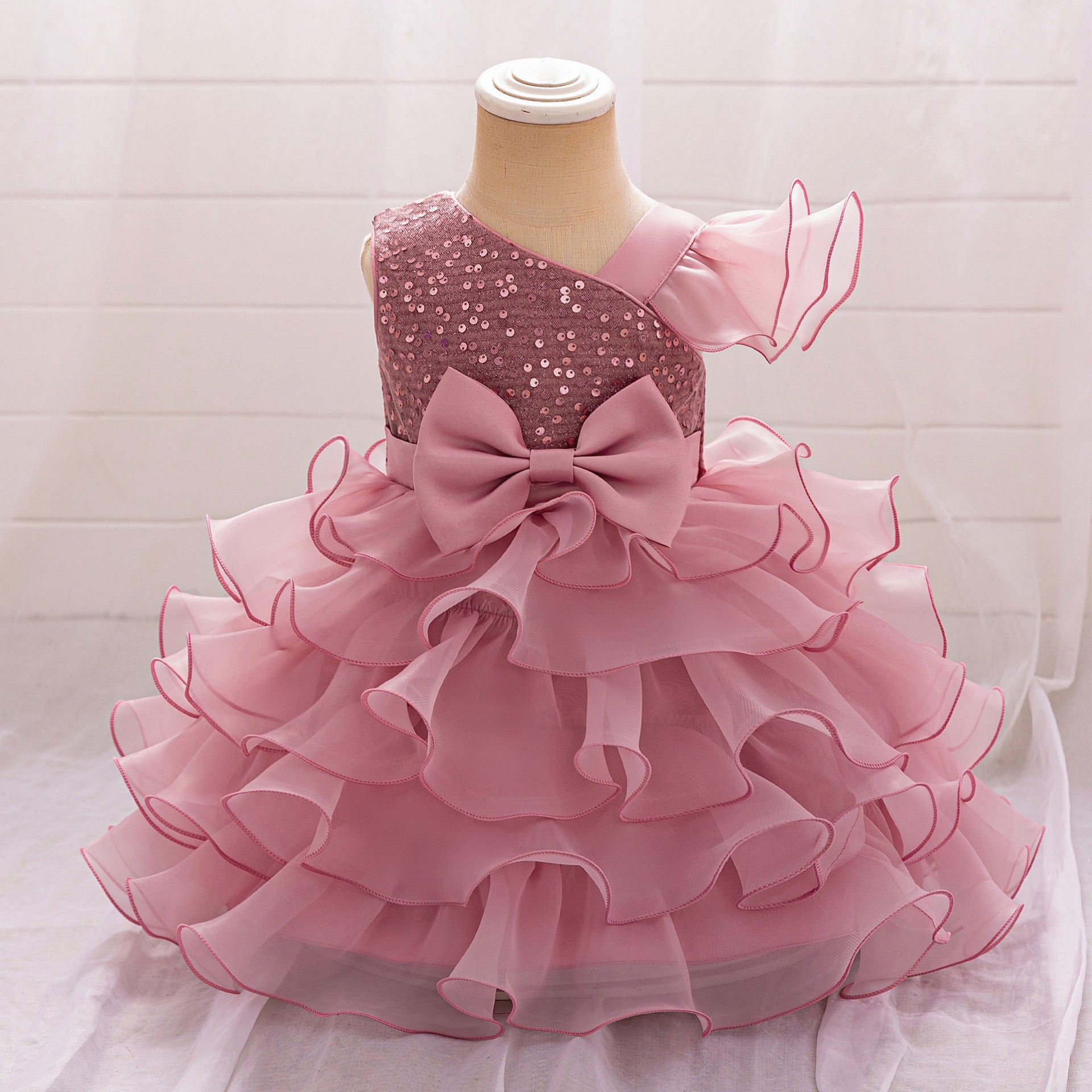 Amazon's new baby dress princess dress irregular slanted shoulder sequins cake skirt bow tutu skirt
