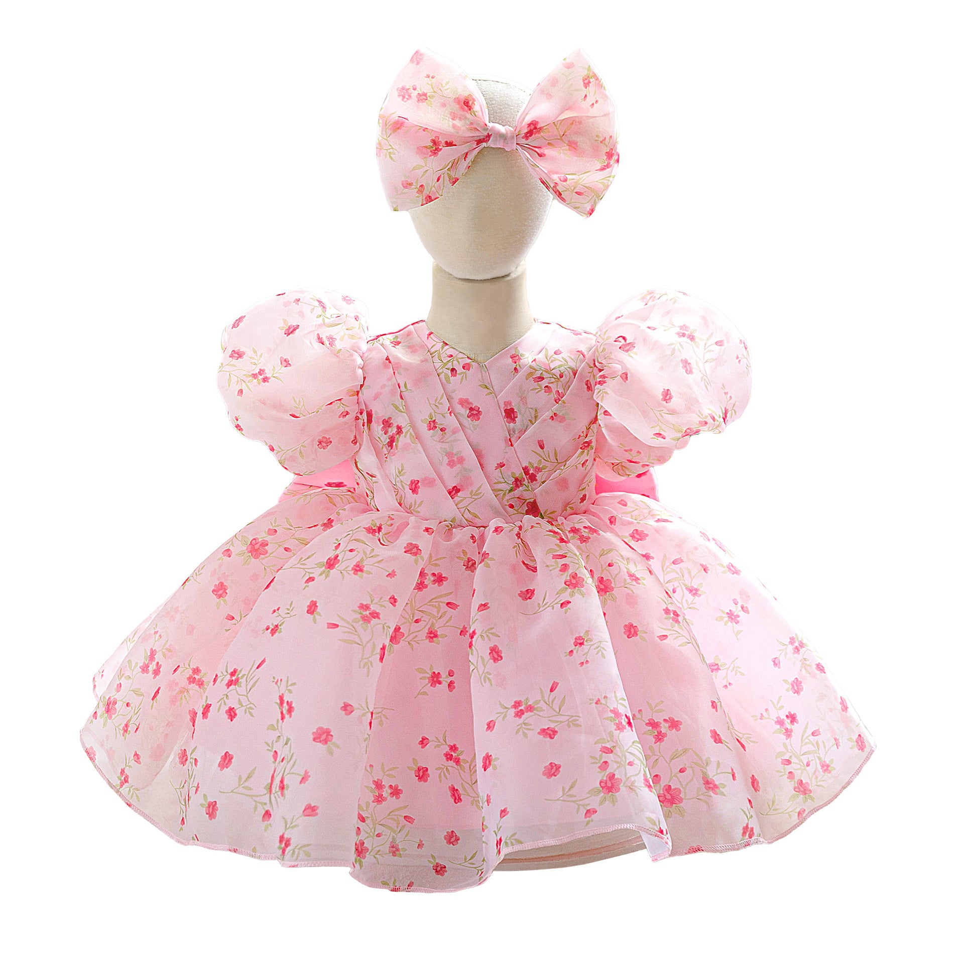 Amazon children's dress girls fluffy floral dress back bow sweet cute bubble sleeve princess dress