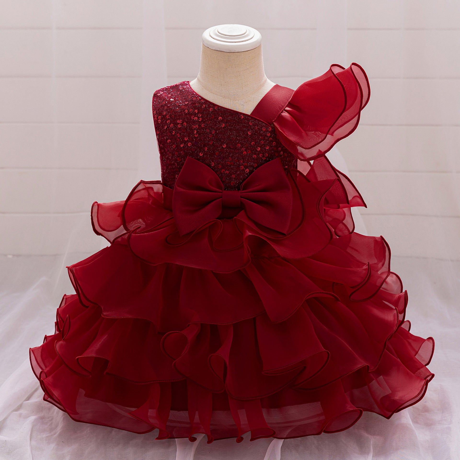Amazon's new baby dress princess dress irregular slanted shoulder sequins cake skirt bow tutu skirt