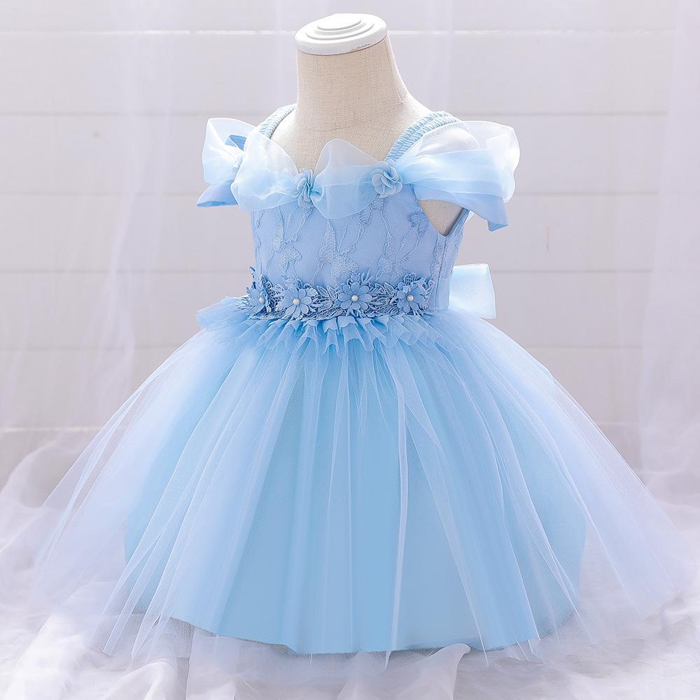 Amazon's new baby dress dress dress flower girl full moon wash dress girl one-word shoulder bubble sleeve princess dress