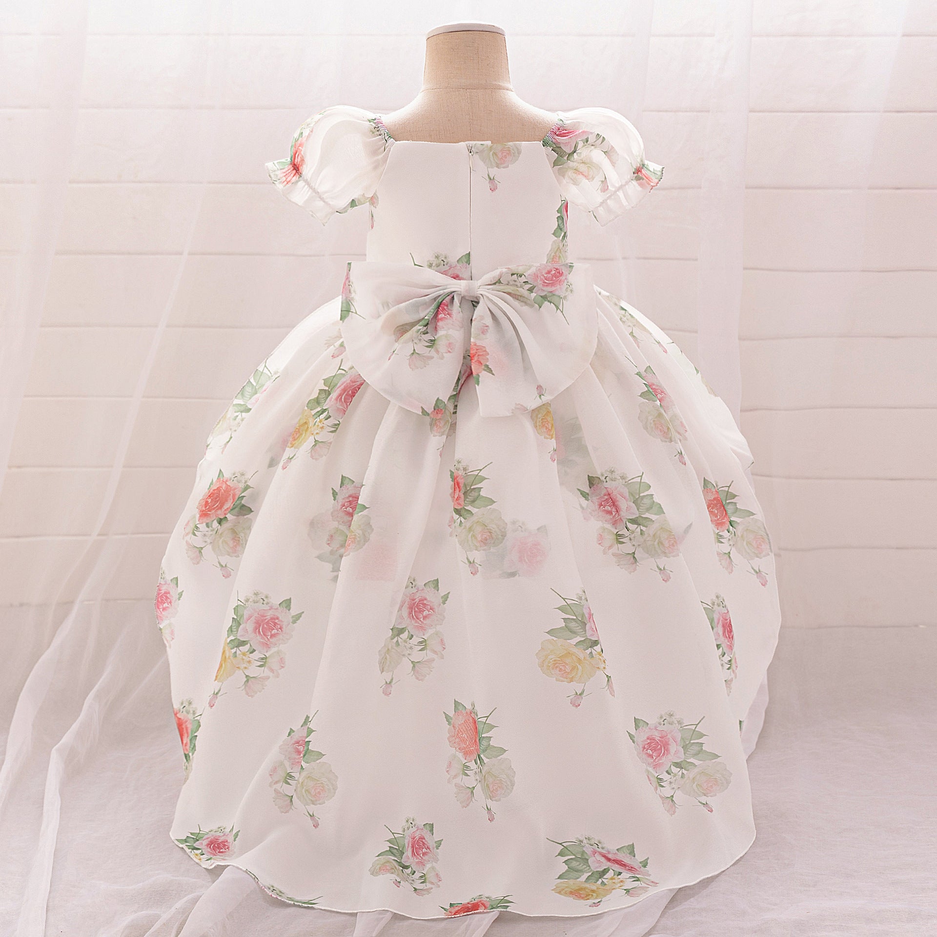 Girls dress skirt floral print bubble sleeves trailing fairy sweet little flower children's wedding dress children's princess dress