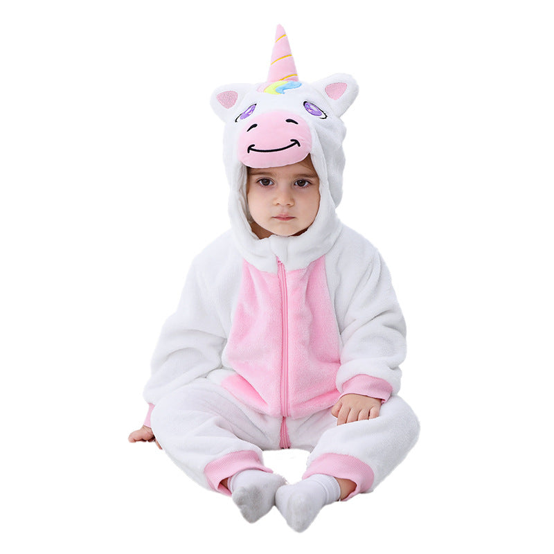 Autumn new 0-3 year old baby flannel single-layer styling Romper Unicorn styling hooded one-piece Romper