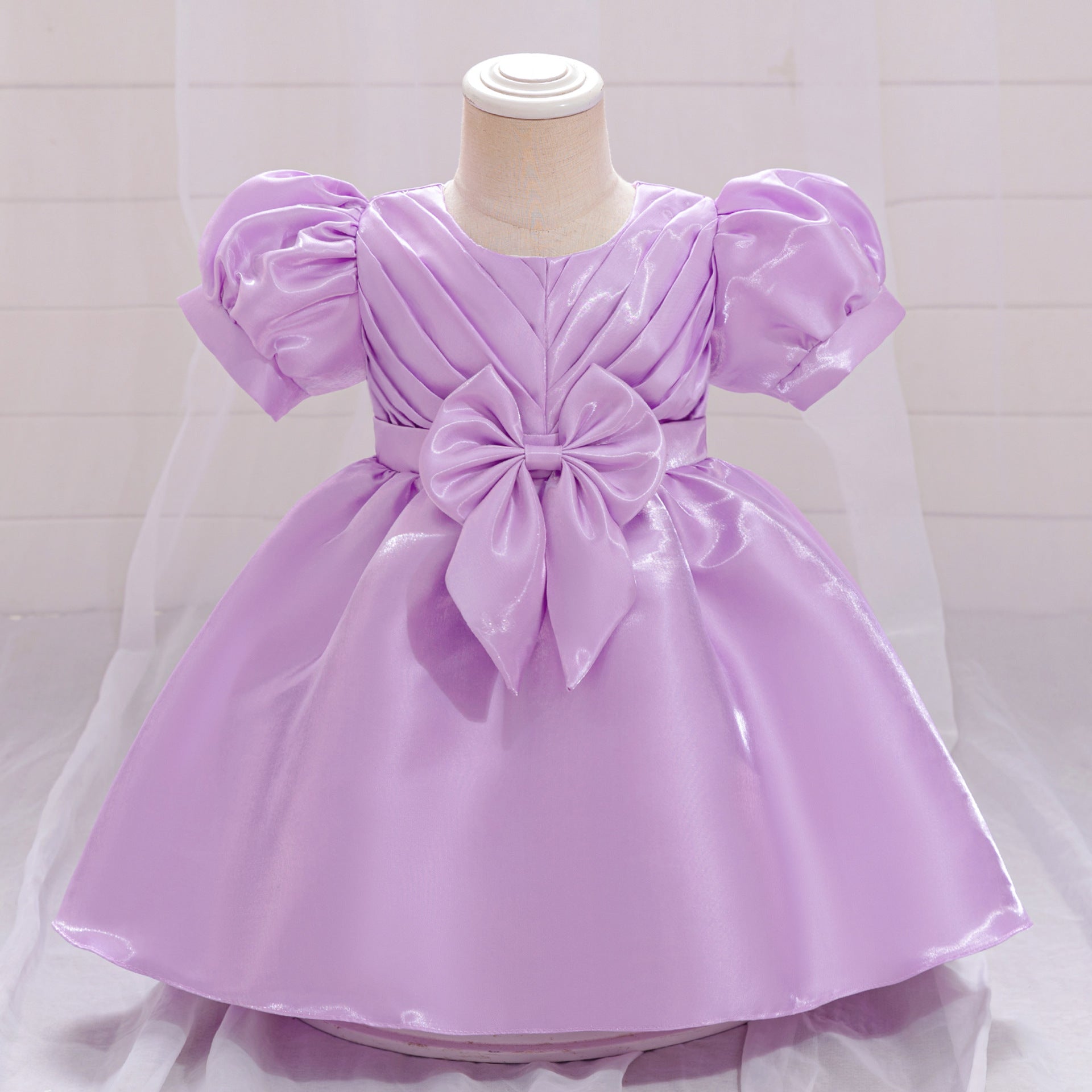 2024 New Girls' Princess Dress Water Gloss Satin Children's Dress Girls' Dress Year-old Flower Girl Dress Bubble Sleeve Fluffy Dress
