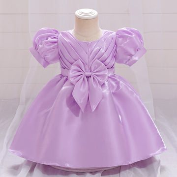 2024 New Girls' Princess Dress Water Gloss Satin Children's Dress Girls' Dress Year-old Flower Girl Dress Bubble Sleeve Fluffy Dress