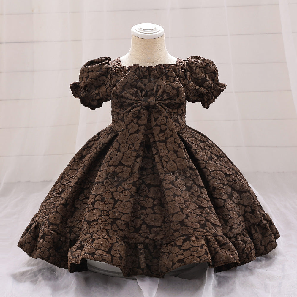 Foreign trade new infant dress bow bubble sleeve embossed princess dress baby birthday first year wash dress