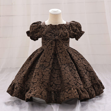 Foreign trade new infant dress bow bubble sleeve embossed princess dress baby birthday first year wash dress