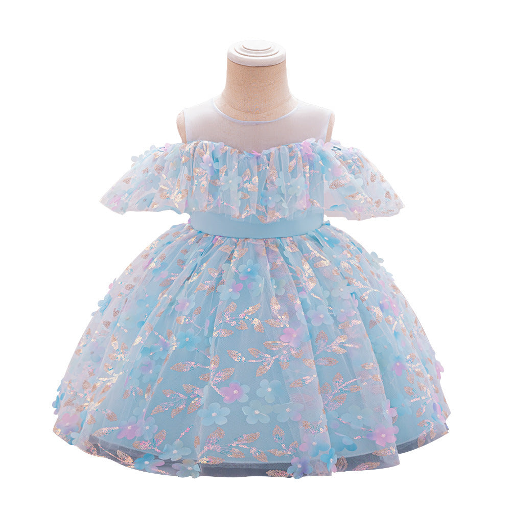 Summer new children's princess dress girls year-old dress one-word shoulder dress mesh applique dress