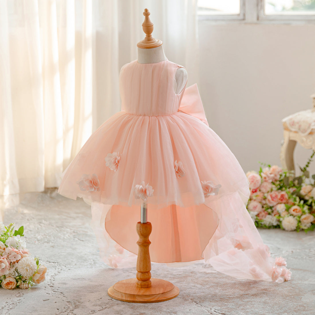High-end custom Amazon new girls dress three-dimensional flower trailing dress tutu skirt mesh princess dress