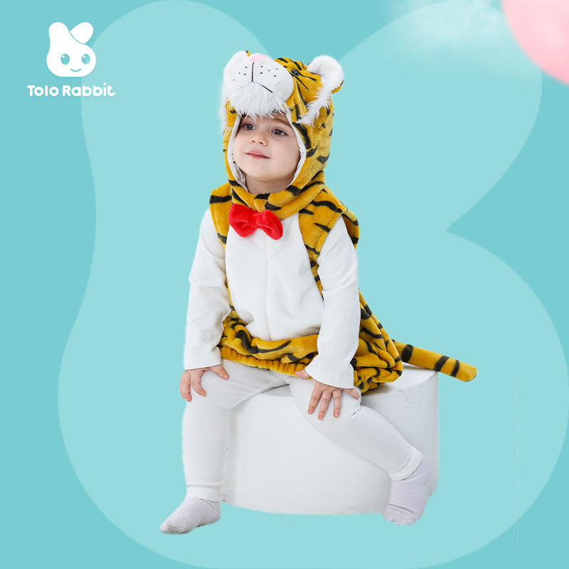 Autumn new baby flannel animal shape Romper tiger shape three-dimensional tail one-piece vest