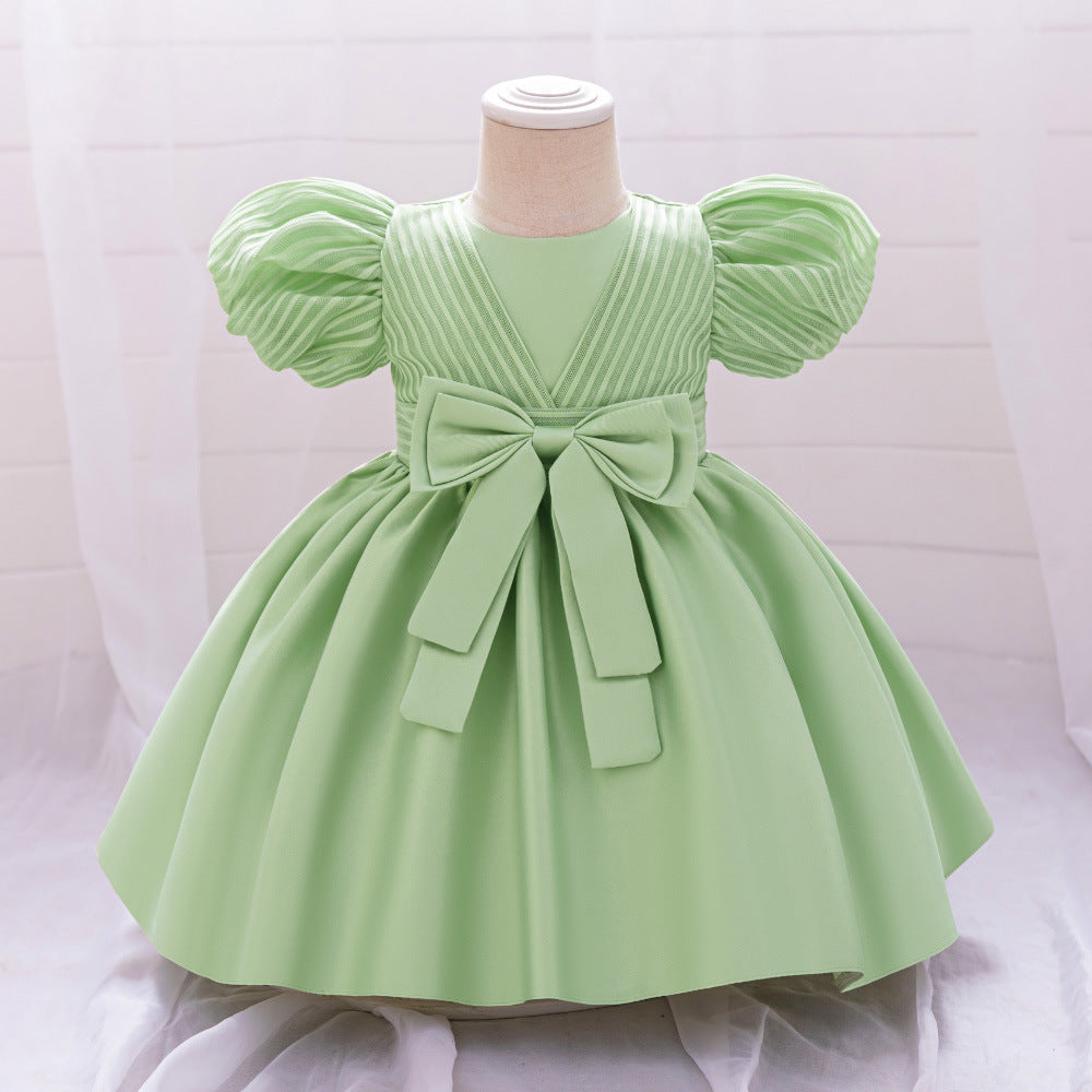 New infant and child first year dress baby girl birthday party wash dress satin bow dress spot