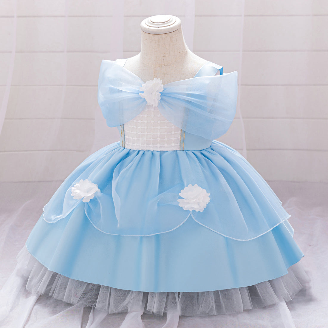 Amazon Cinderella princess dress, girls' shoulder three-dimensional flower mesh skirt, children's birthday party performance clothes