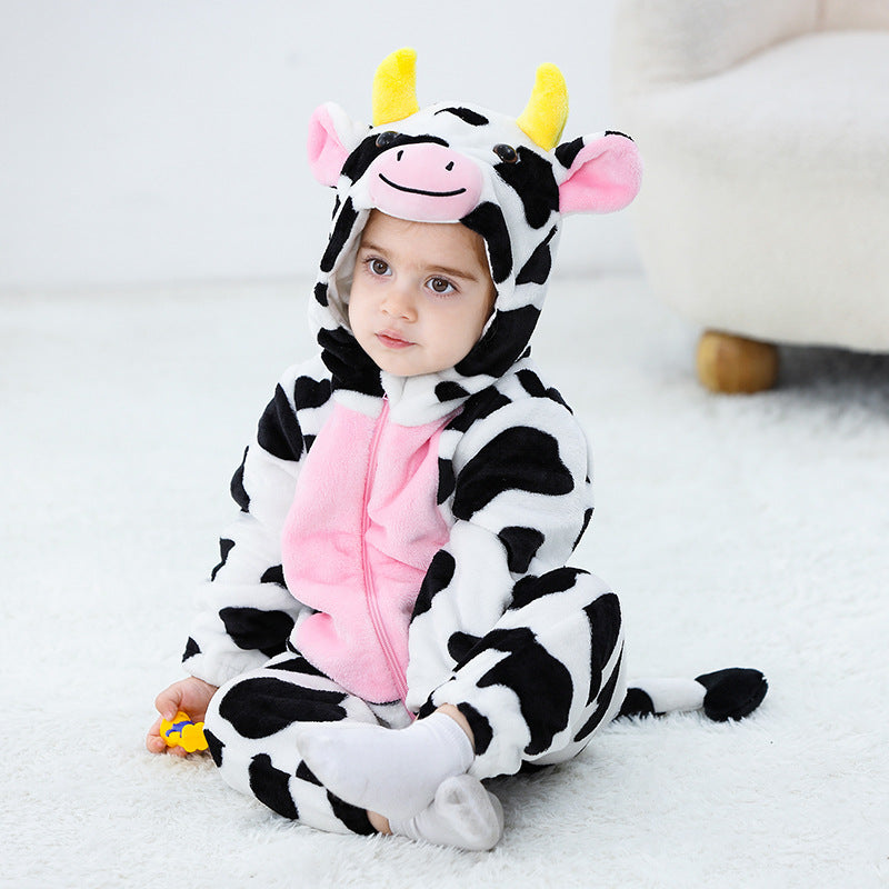Qile Rabbit autumn new infant baby animal shape flannel single-layer cow shape one-piece Romper