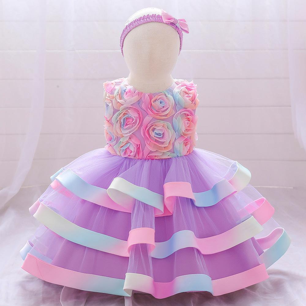 Little girl princess dress children's dress sleeveless dress printed mesh cake puffy dress flower girl catwalk dress sweet
