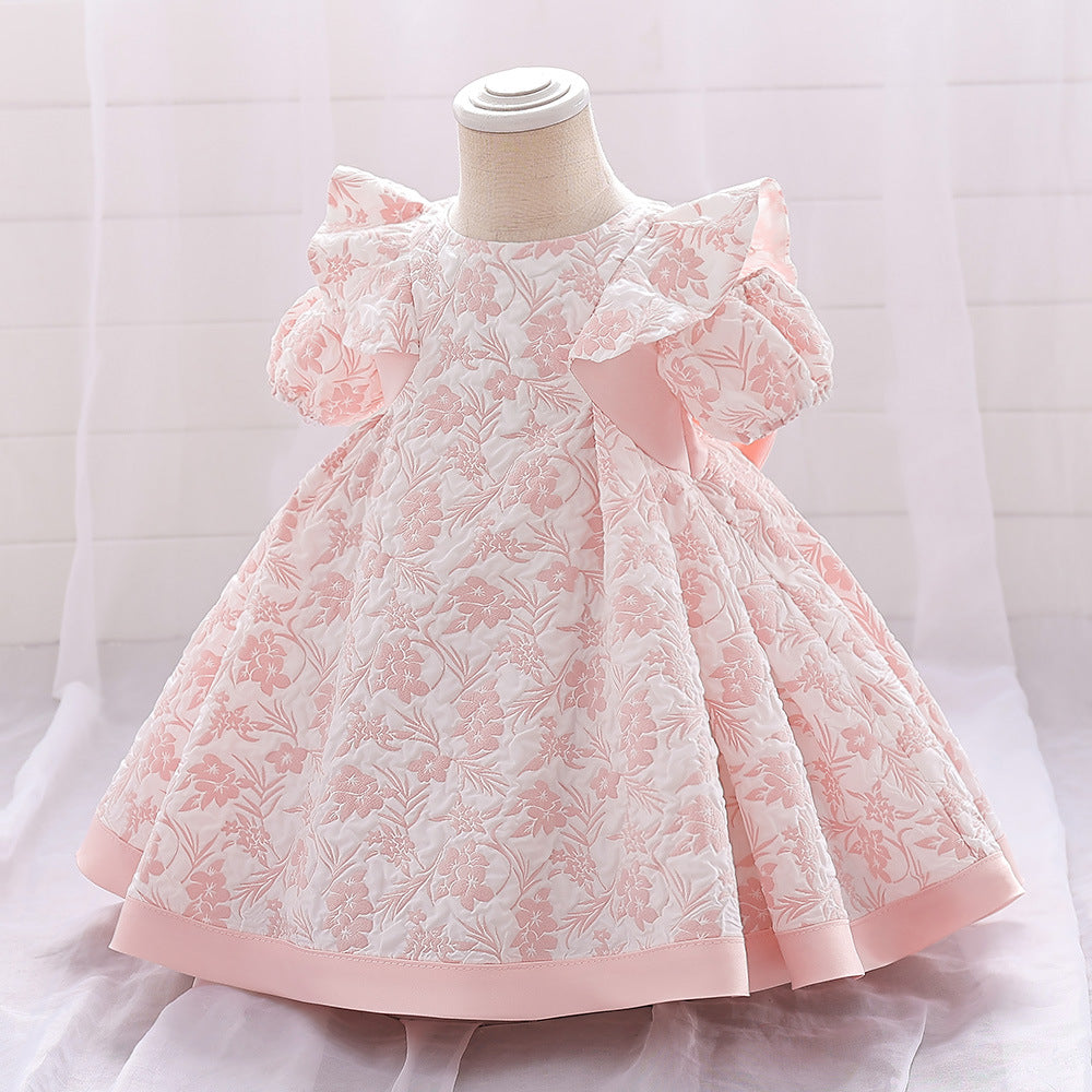 Cross-border European and American baby one-year-old infant and toddler dress bubble cloth printing back big bow princess dress spot