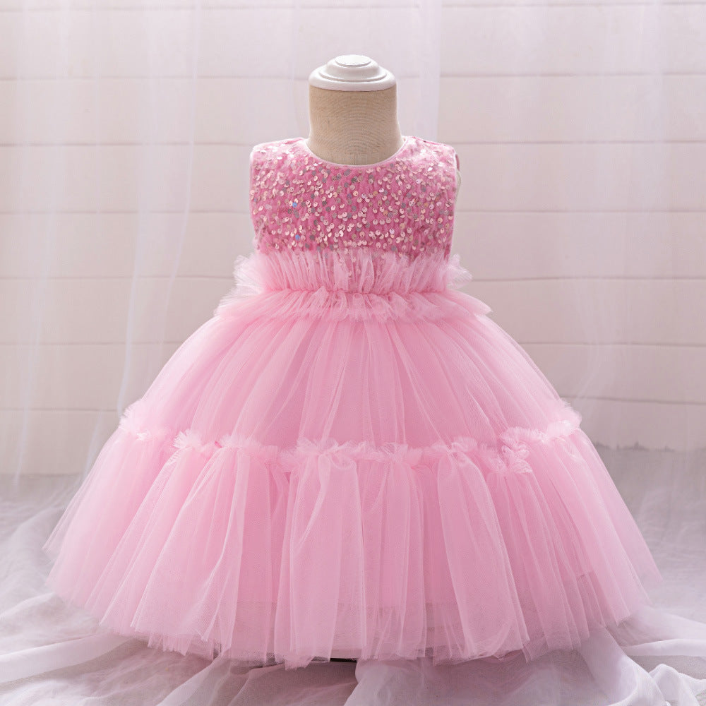 Cross-border new one-year-old baby girl sequined princess dress children's festival performance dress children's mesh dress