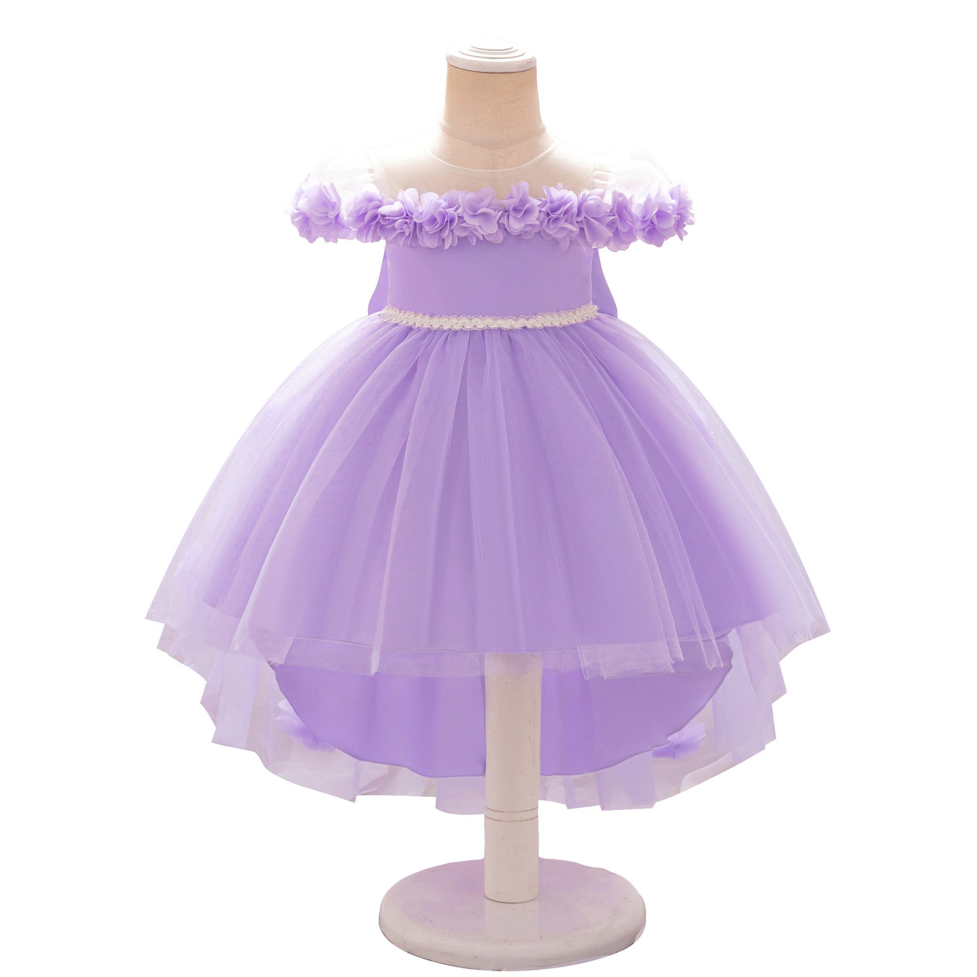 Amazon's new medium and small children's dress one-word shoulder three-dimensional flower bow trailing skirt wedding flower girl princess skirt