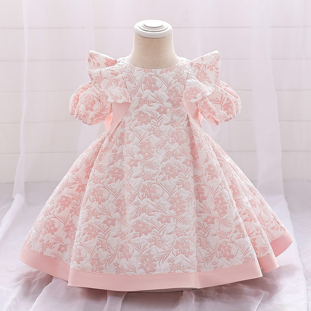 Cross-border European and American baby one-year-old infant and toddler dress bubble cloth printing back big bow princess dress spot
