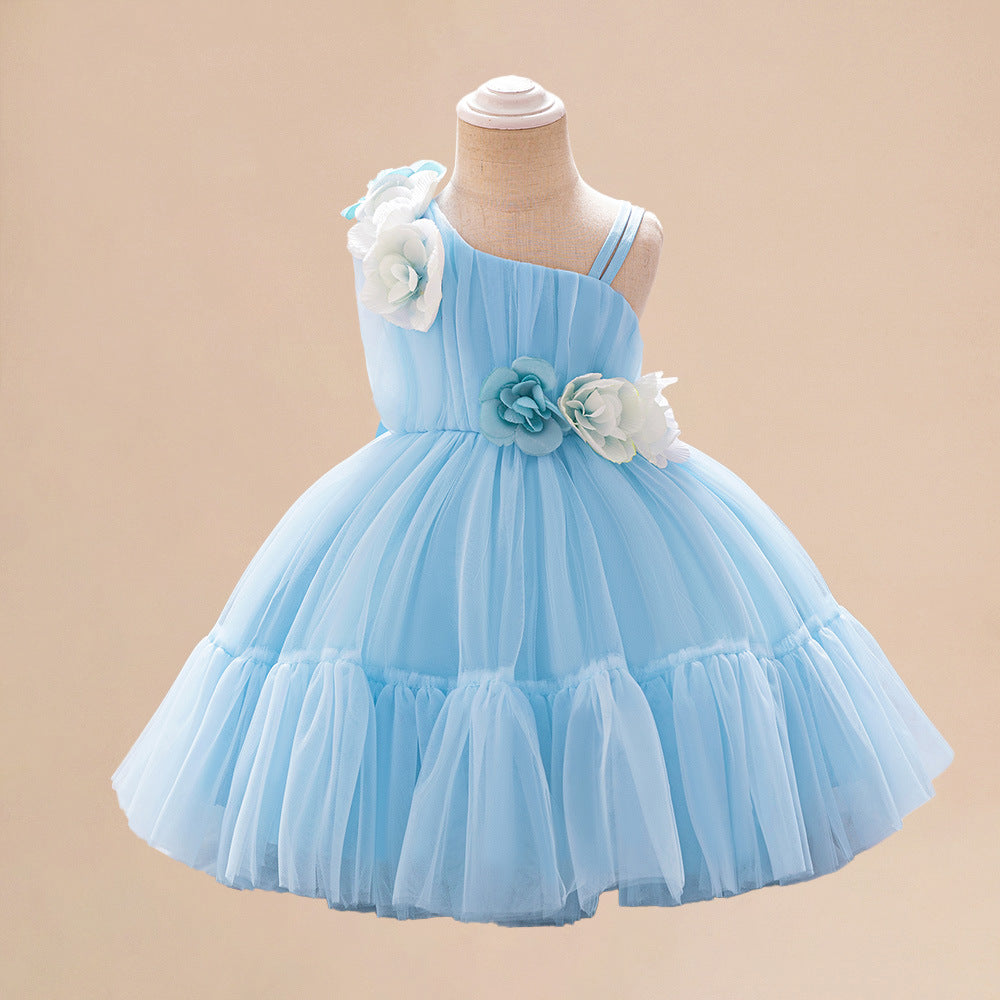 Amazon's new children's dress slanted shoulder three-dimensional flower mesh one-year-old dress baby hundred-day birthday dress