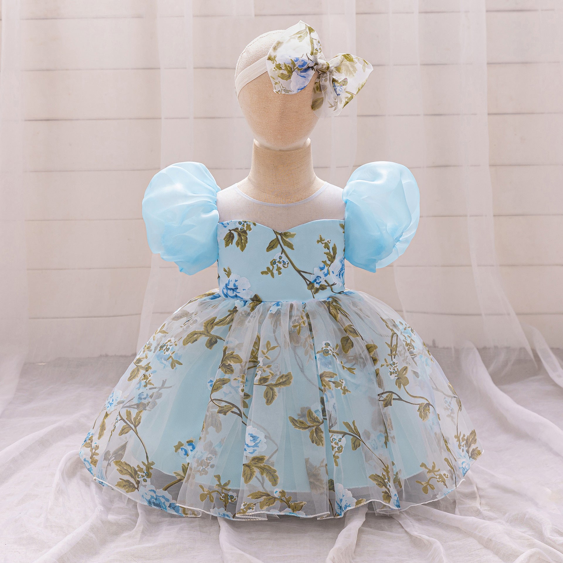 Cross-border new girls' princess dress mesh girls' dress birthday one-year-old dress flower girl gift skirt printing with hair accessories