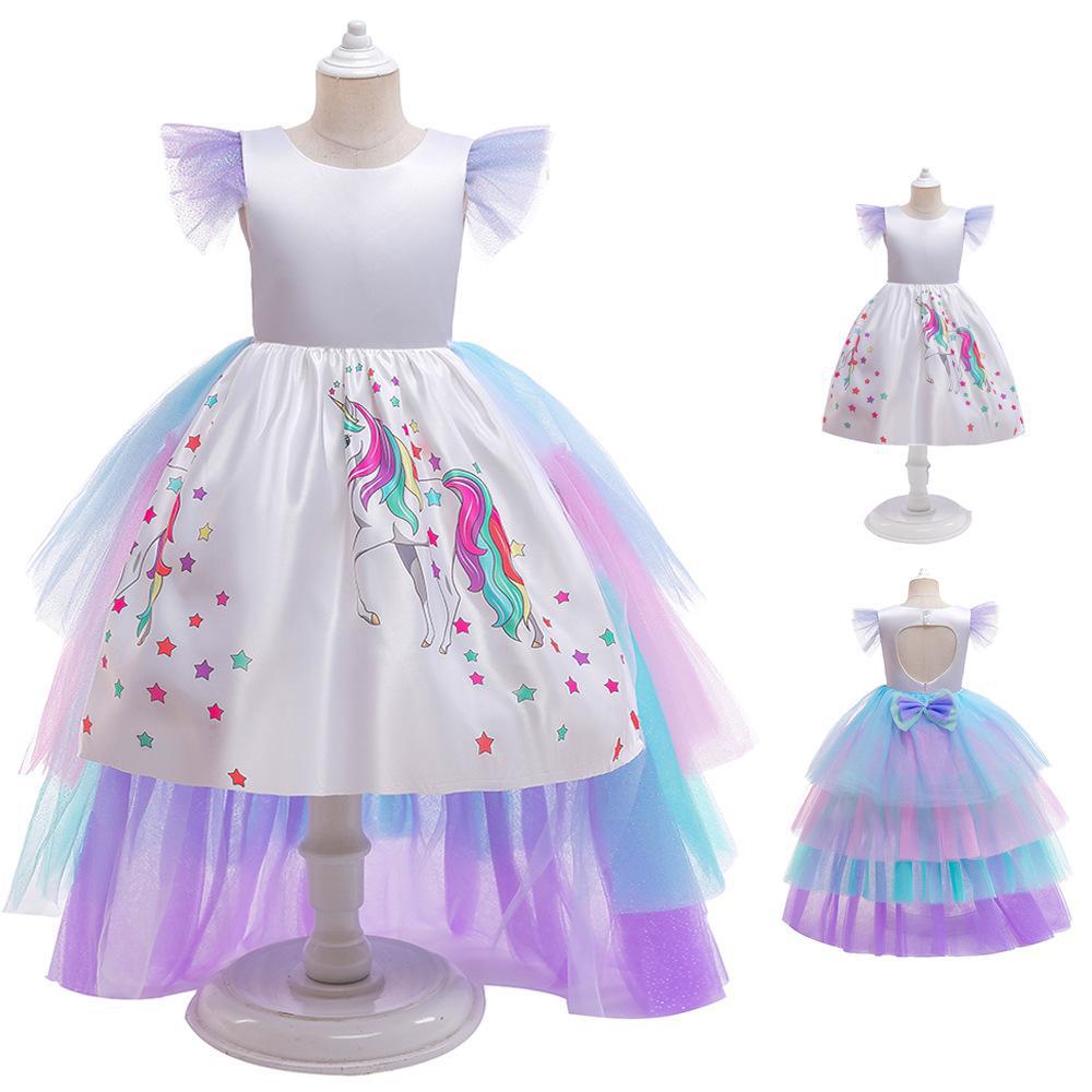 Children's Dress Little Girl Walk Show Dress Rainbow Unicorn Trailing Mesh Dress Halloween Girl Dress