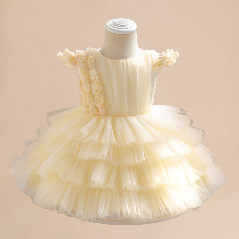 Amazon baby dress small fly sleeves champagne rose three-dimensional flower multi-layer cake fluffy princess dress