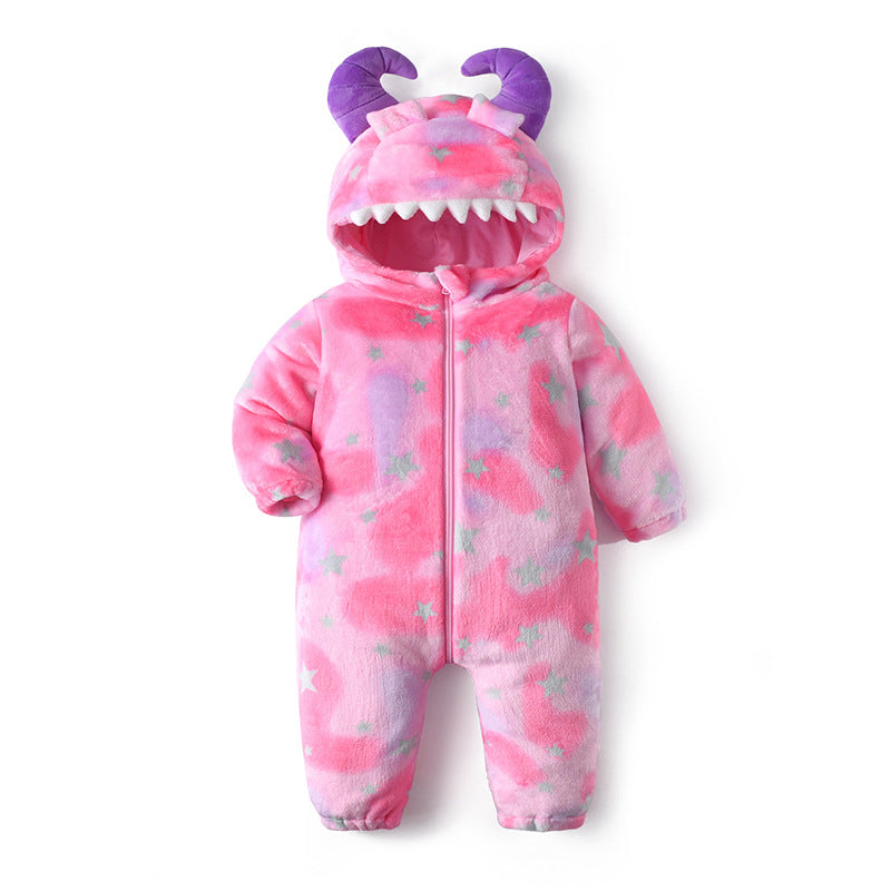 Autumn new 0-3 year old baby flannel-shaped Romper Little Monster hooded one-piece Romper