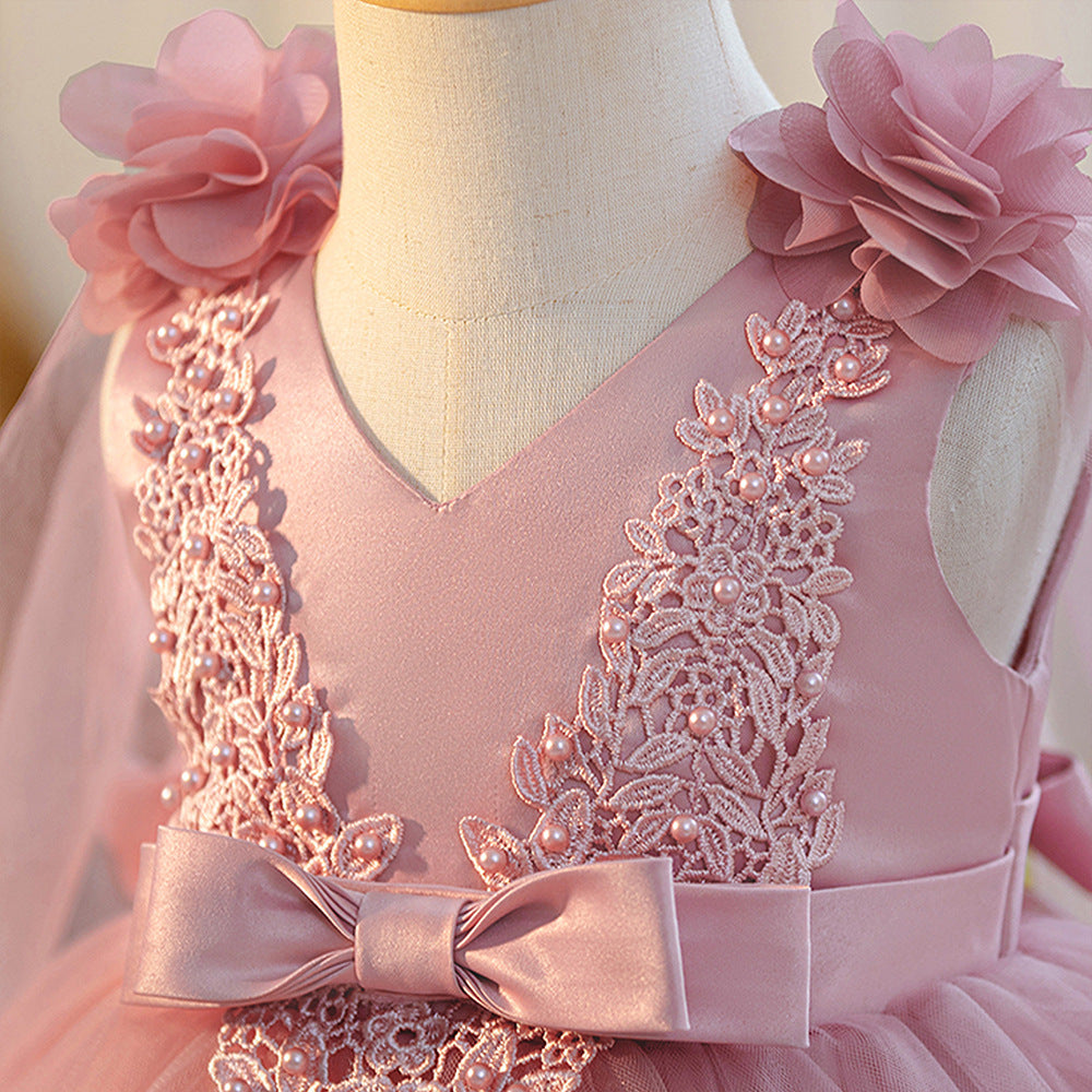 Amazon Cross-Border Girls Dress Beaded Embroidery Mesh Dress Applique Shawl Dress Wedding Flower Girl Princess Dress