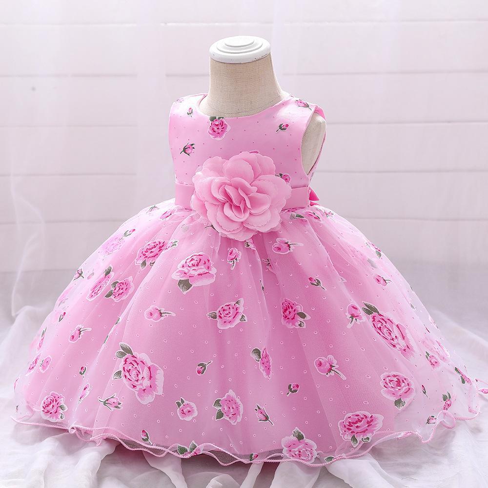 European and American new foreign style girls mesh printing flower girl tutu skirt baby year old dress children princess dress