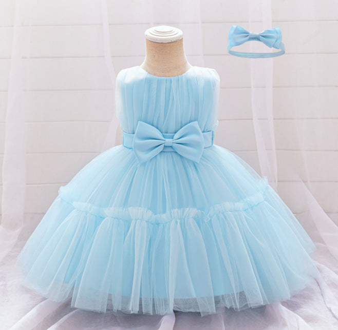 Amazon wish one-year-old dress baby girl sleeveless puffy gauze skirt full moon gift 100 days children's dress with headdress