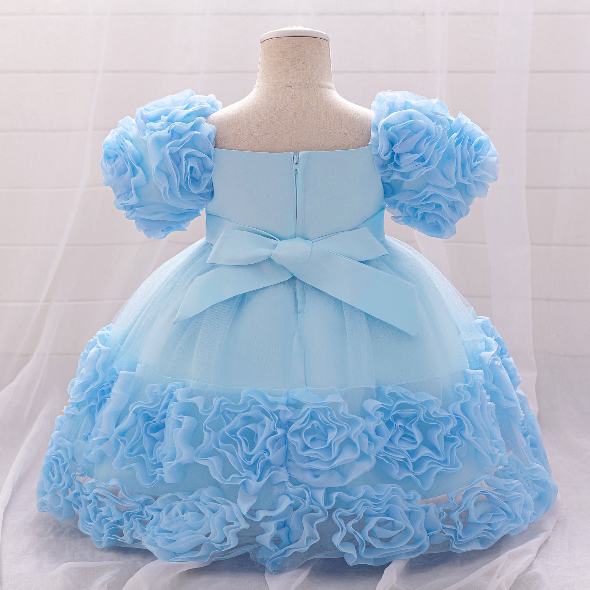 Amazon's new baby dress bead bubble sleeve princess dress three-dimensional applique mesh puffy dress