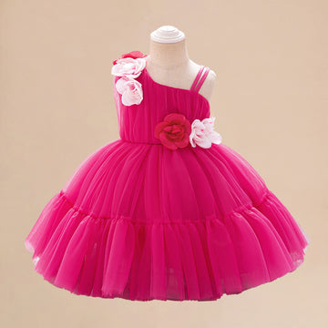 Amazon's new children's dress slanted shoulder three-dimensional flower mesh one-year-old dress baby hundred-day birthday dress