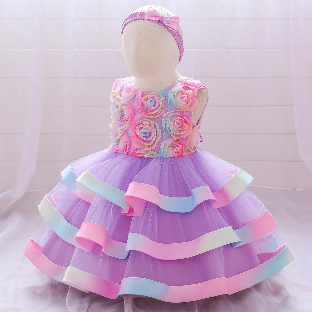 Little girl princess dress children's dress sleeveless dress printed mesh cake puffy dress flower girl catwalk dress sweet