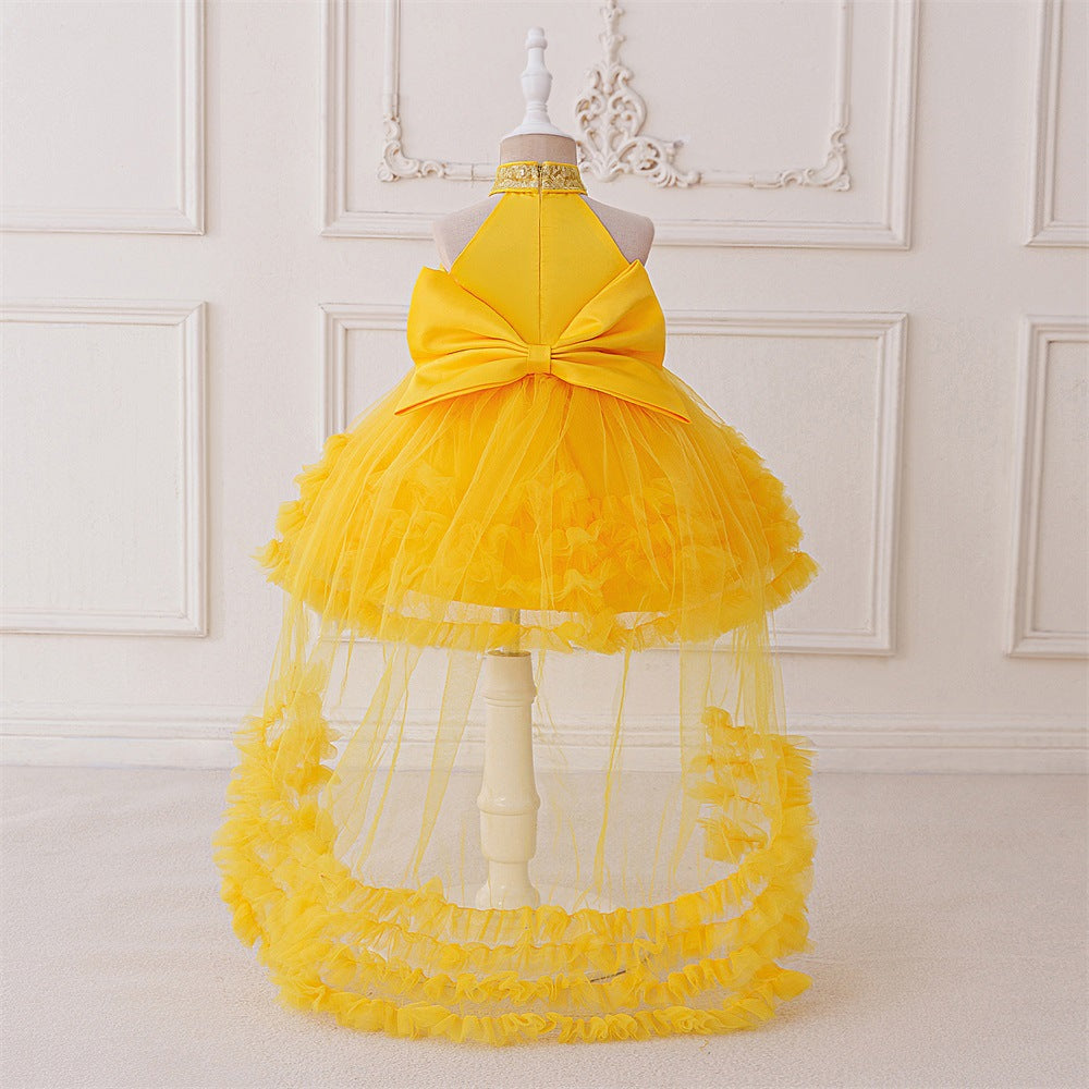 2025 Cross-border New Girls' Birthday Dress Girls' Performance Dress Neck Trailing Princess Dress Mesh Children's Dress