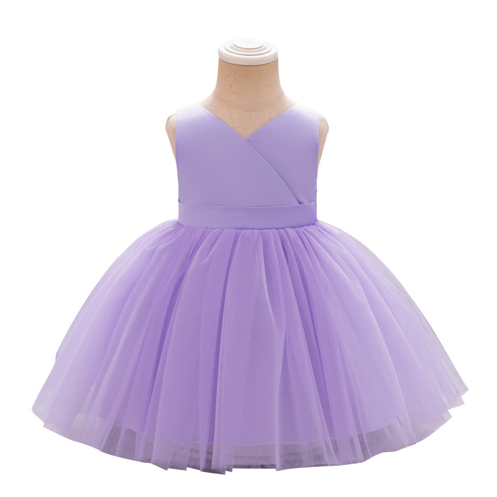 Spot ins style wedding flower girl dress baby first birthday party wash dress bow satin mesh skirt