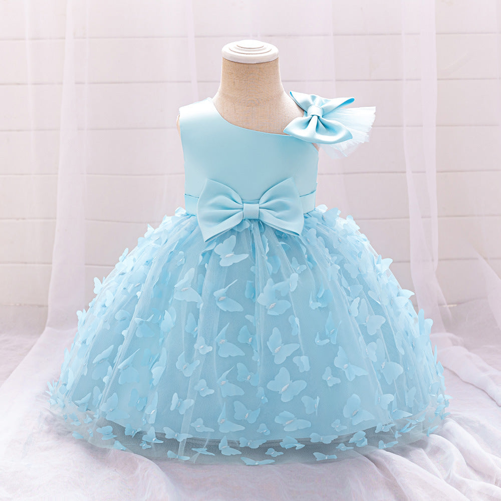 New Girls Princess Dress Mesh Children's Dress Girls' Medium and Children's Three-dimensional Small Butterfly Trouser Dress Birthday and One-Year Dress