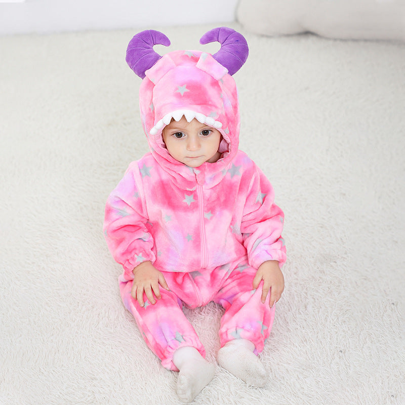 Autumn new 0-3 year old baby flannel-shaped Romper Little Monster hooded one-piece Romper
