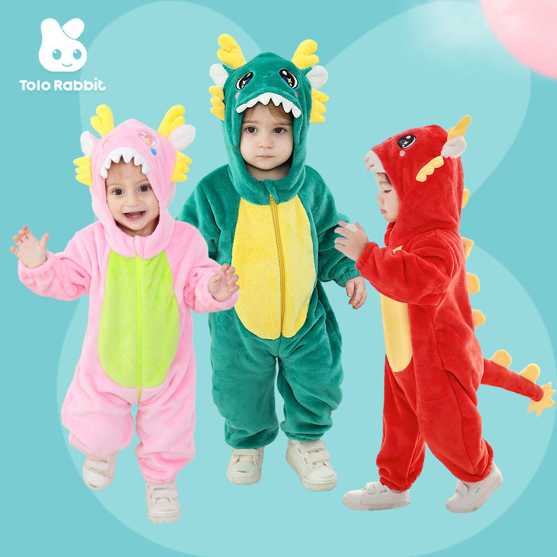 Qile Rabbit autumn new 0-3 year old baby single layer flannel Chinese dragon shape hooded one-piece Romper