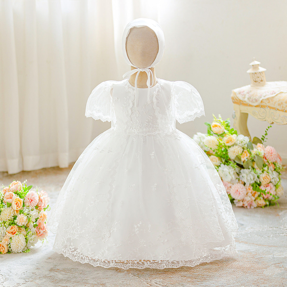 Cross-border dress newborn extended wash dress baby year-old dress flower girl wedding dress wash dress three-piece set