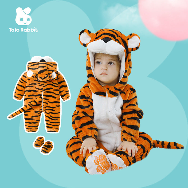 Qile Rabbit autumn new baby cute onesie orange tiger shape foot shape clothes