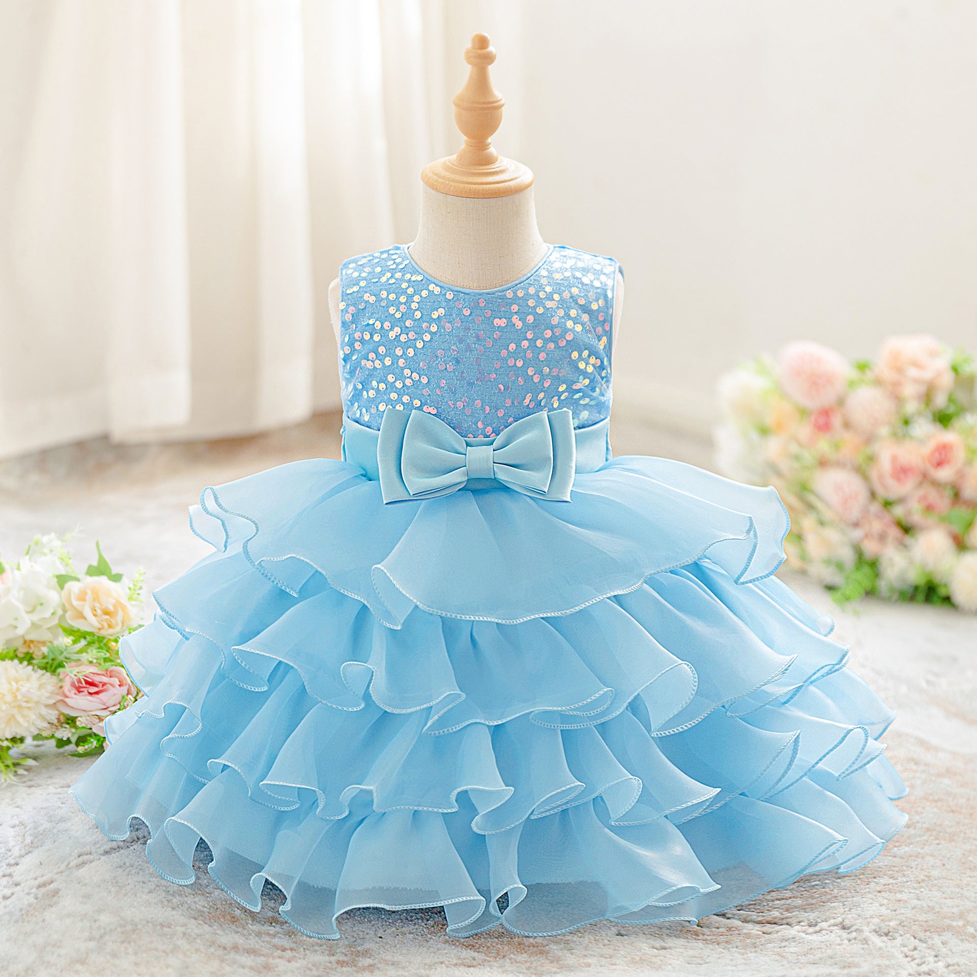 New girls dress dress sequined sleeveless princess dress fungus lace cake dress wedding flower girl dress dress