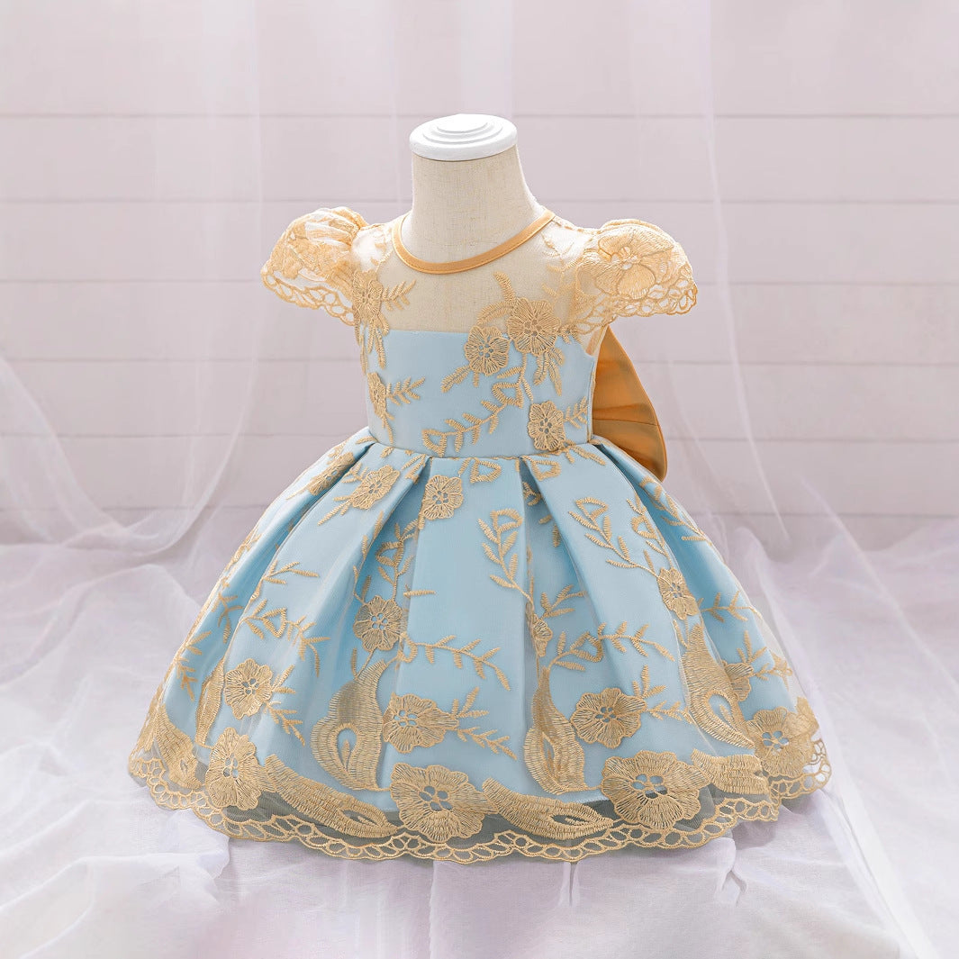 Amazon children's dress back bow gold silk embroidery middle and old children's host catwalk children's dress skirt