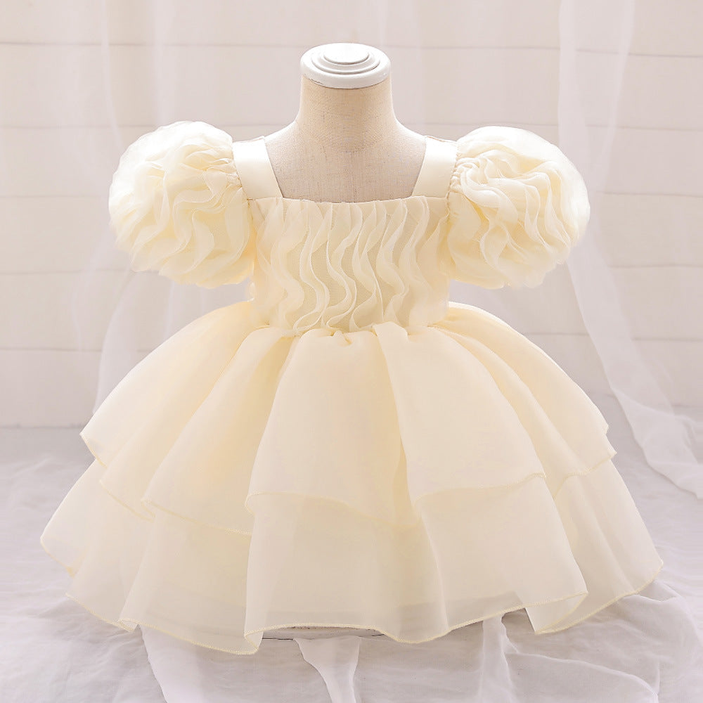 Amazon's new infant dress princess dress baby year old wash dress pleated bubble sleeves fluffy princess dress
