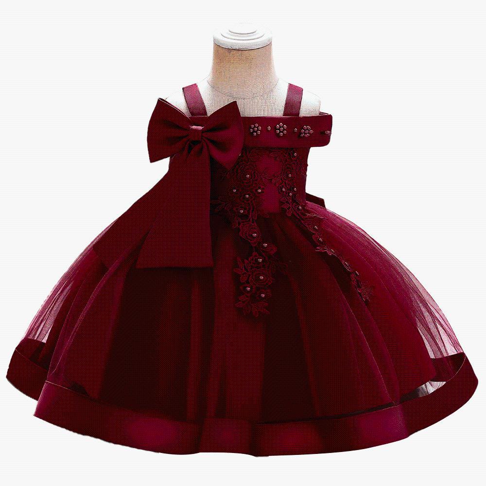 Foreign trade cross-border new children's wedding dress one-word shoulder pearl embroidery girls performance princess puffy skirt summer