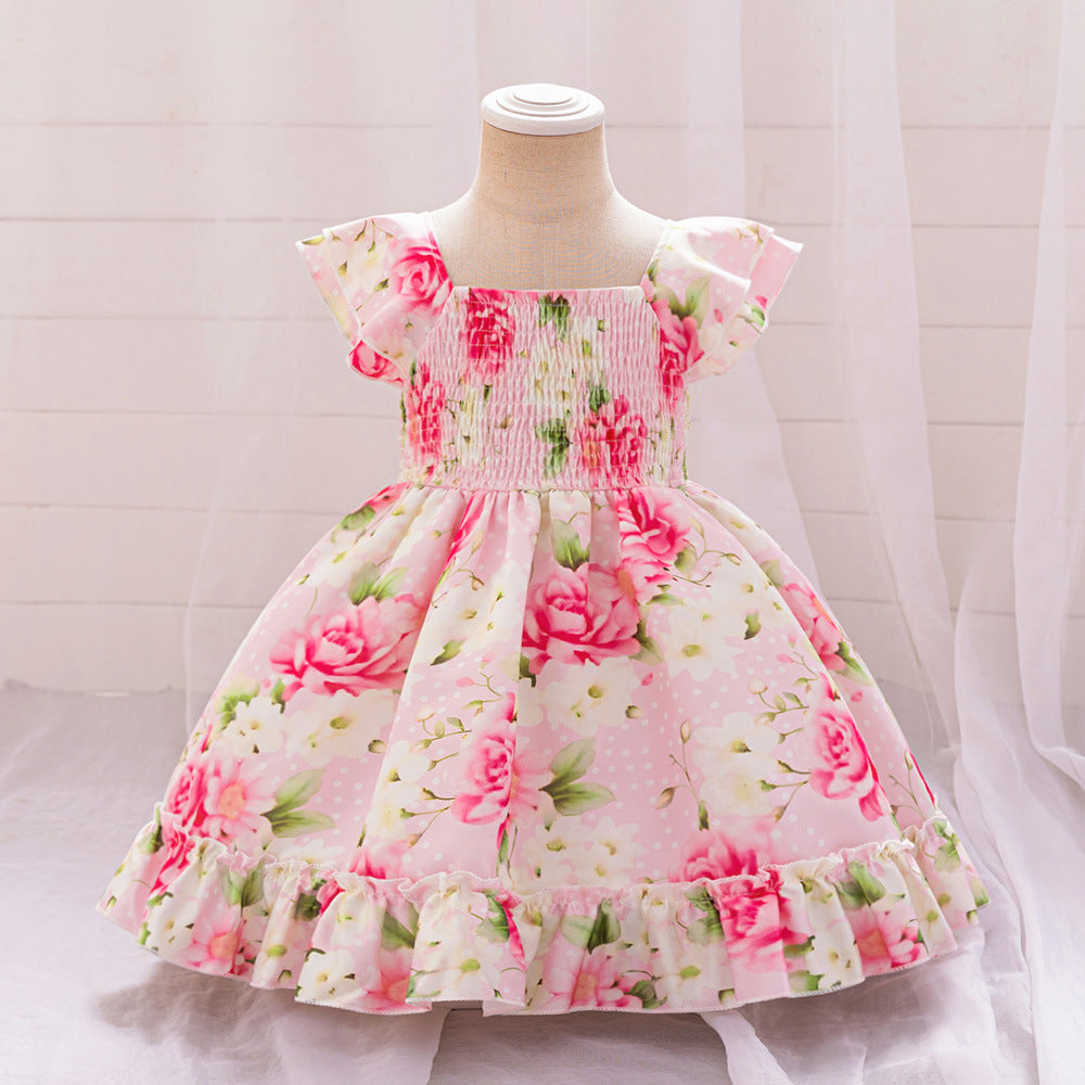 2024 Cross-border New Girls' Princess Dress Printed Satin Fabric Xiaofei Sleeve Dress One-year Dress Folded Fluffy Dress
