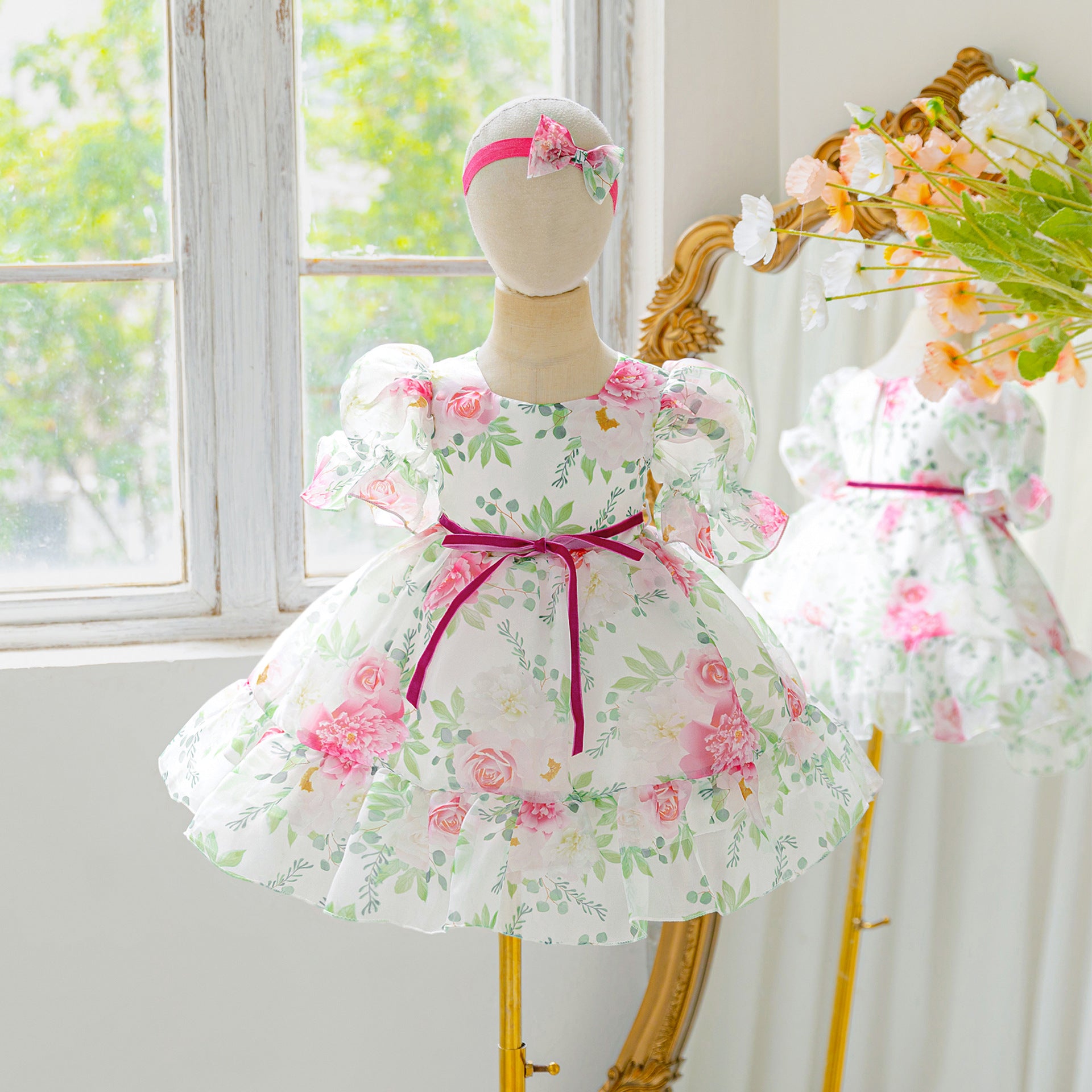 Amazon organza printed children's dress catwalk flower girl dress little girl princess dress girls dress high-end