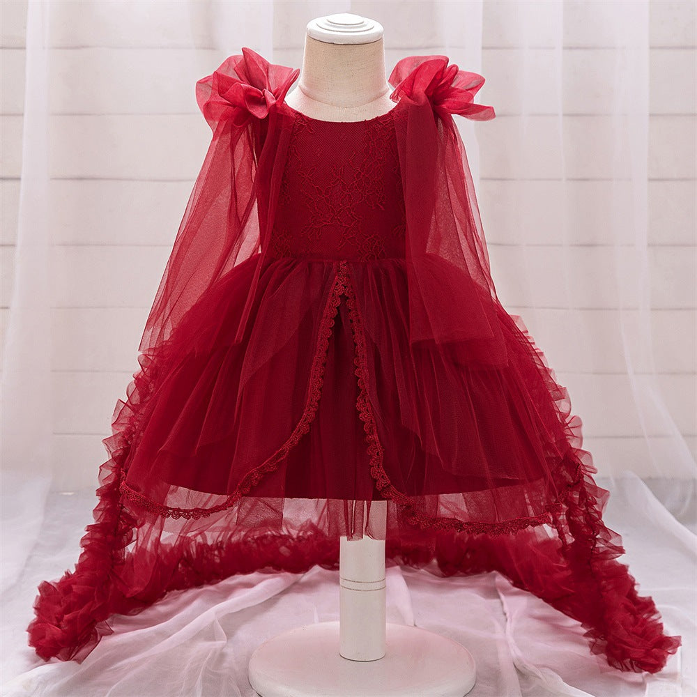 Girls Dress Dress Evening Dress Trailing Dress Children's Year Old Mesh Sleeve Princess Dress Fluffy Cake Dress